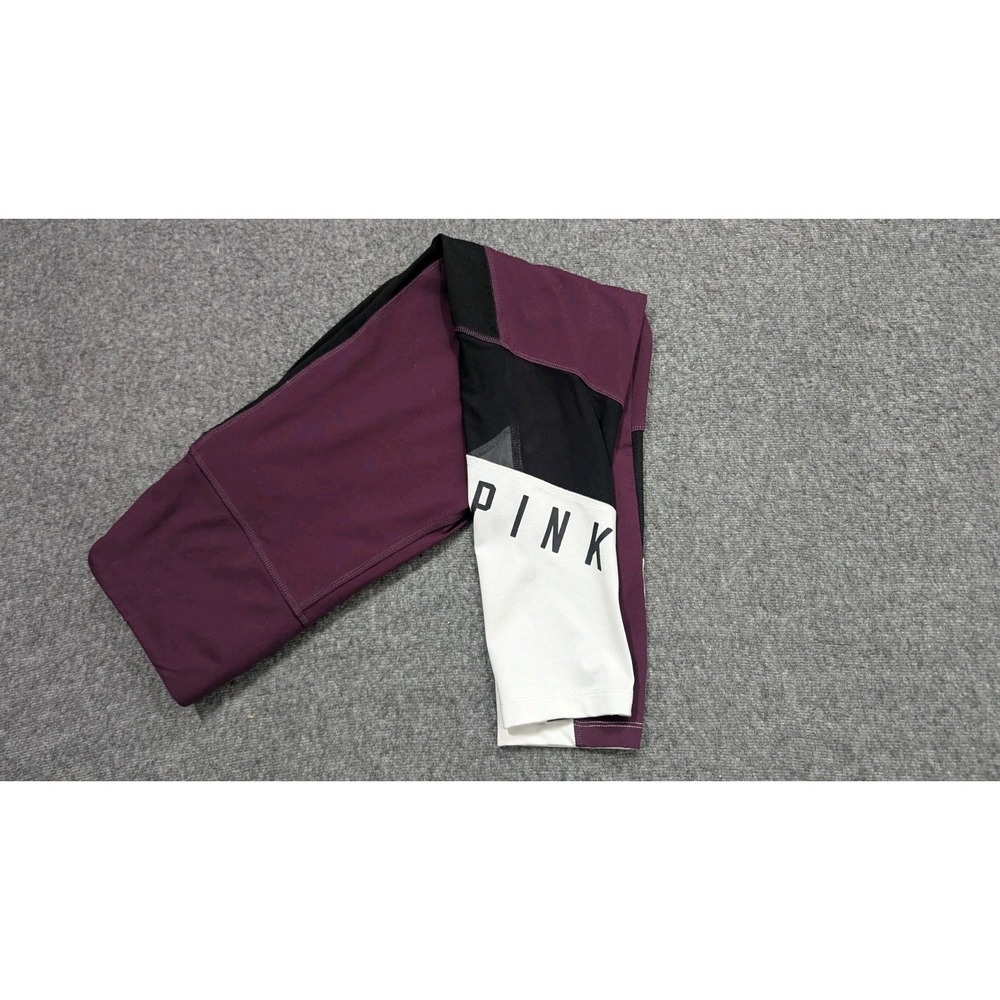 Victoria Secret Pink Leggings Women Medium Maroon High Rise Spellout Lace Cutout - Picture 1 of 15